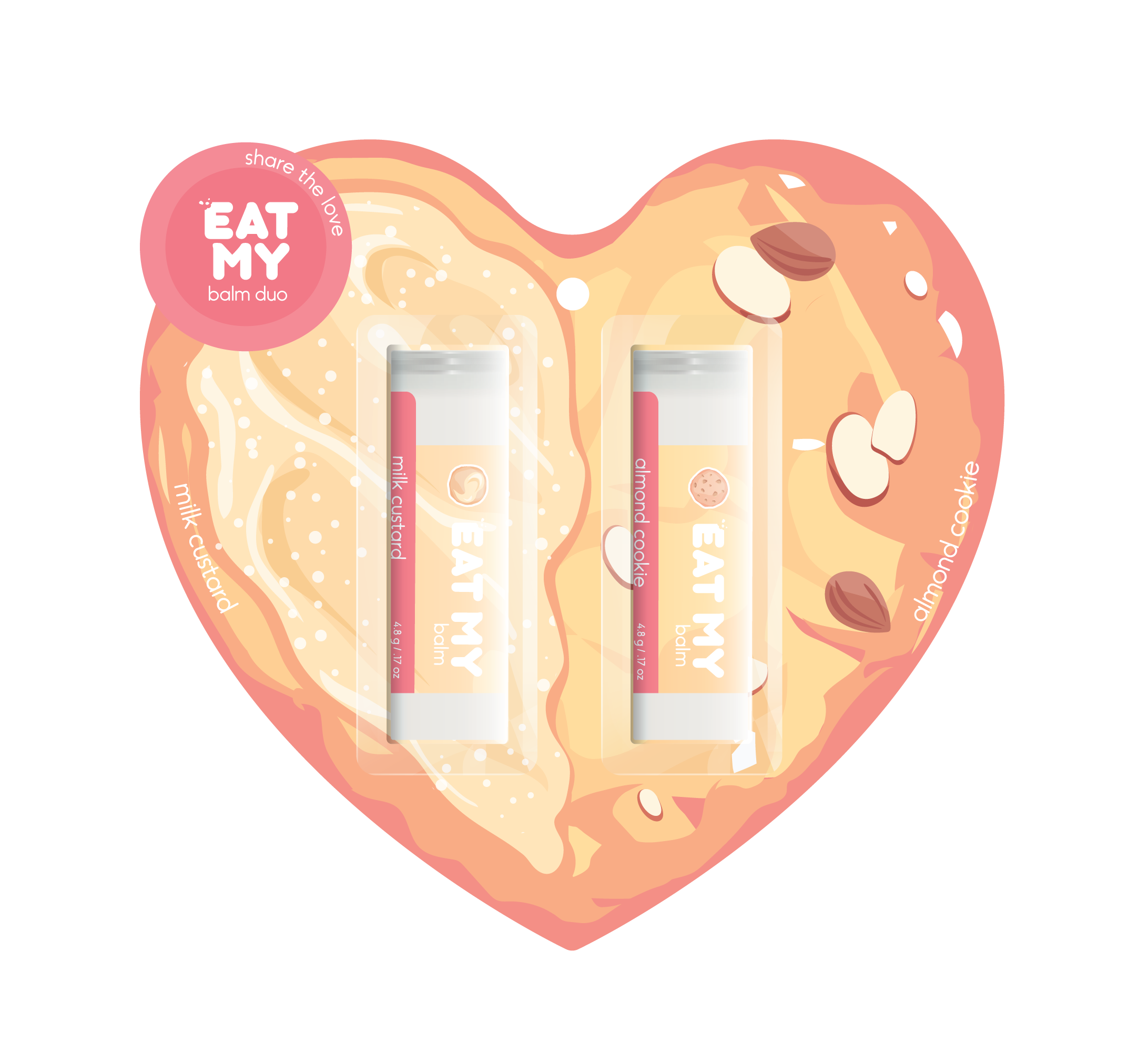 EAT MY balm duo share the love: almond + custard - купить в Москве и  регионах 💋 Продажа EAT MY набор бальзамов для губ “Поделись любовью:  миндаль + крем” по цене 389 ₽ - интернет магазин cubebeauty.ru